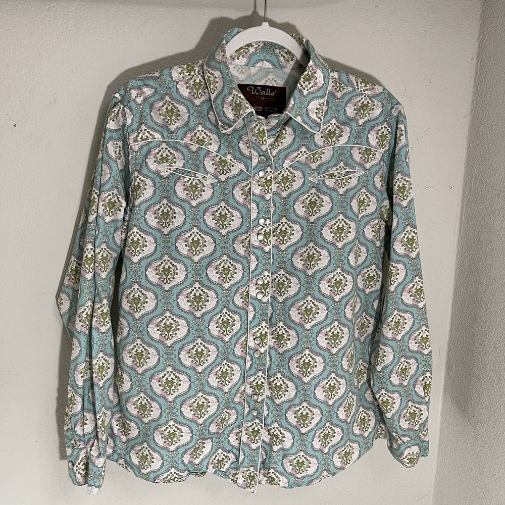 Walls Ranch Wear Western Shirt Unisex L Long Sleeve Turquoise Green Pearl Snap